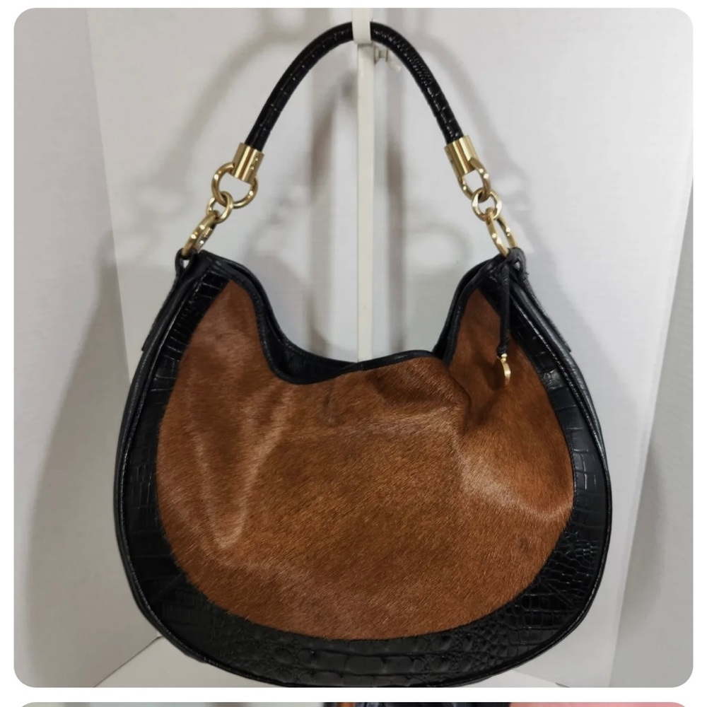 Brahmin Luxury Croc Embossed Animal Hair Hobo Bag Mag Closure Black Brn Gold
